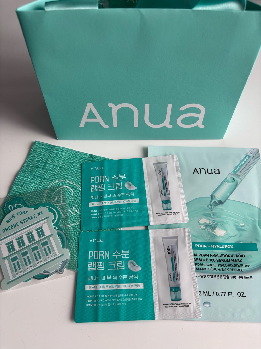 NWT Anua-1 PDRN Hyaluronic Mask, 2 serum cream samples, stickers & shopping bag